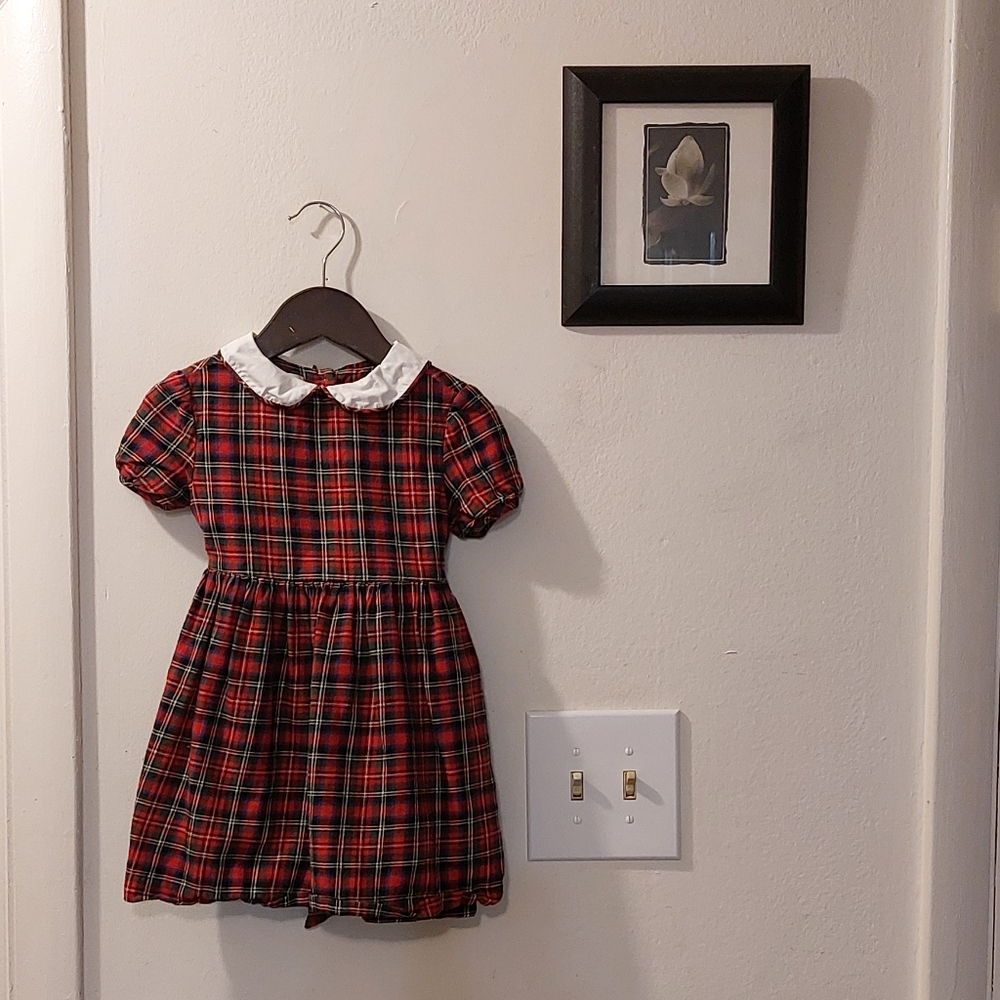 Vintage Red Plaid Kids Dress with White Collar Size 2yrs